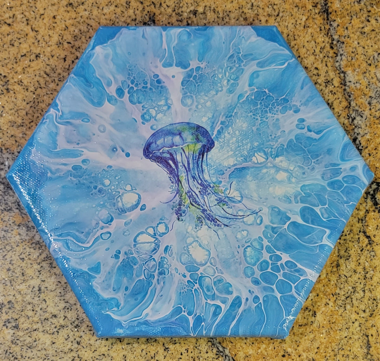 Jellyfish - Poured Acrylic painting 8" Hexagon