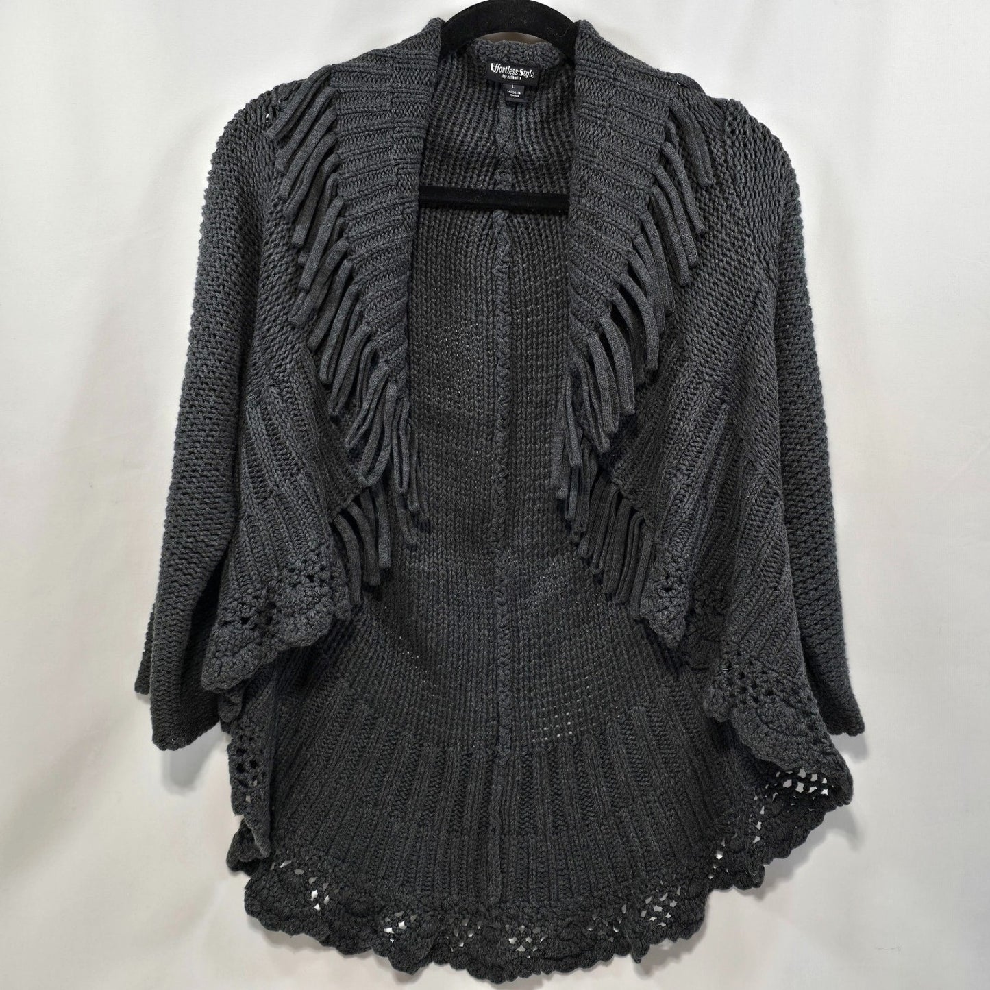 Effortless Style Knit Cardigan Women’s Large Gray Fringe Open Front Sweater