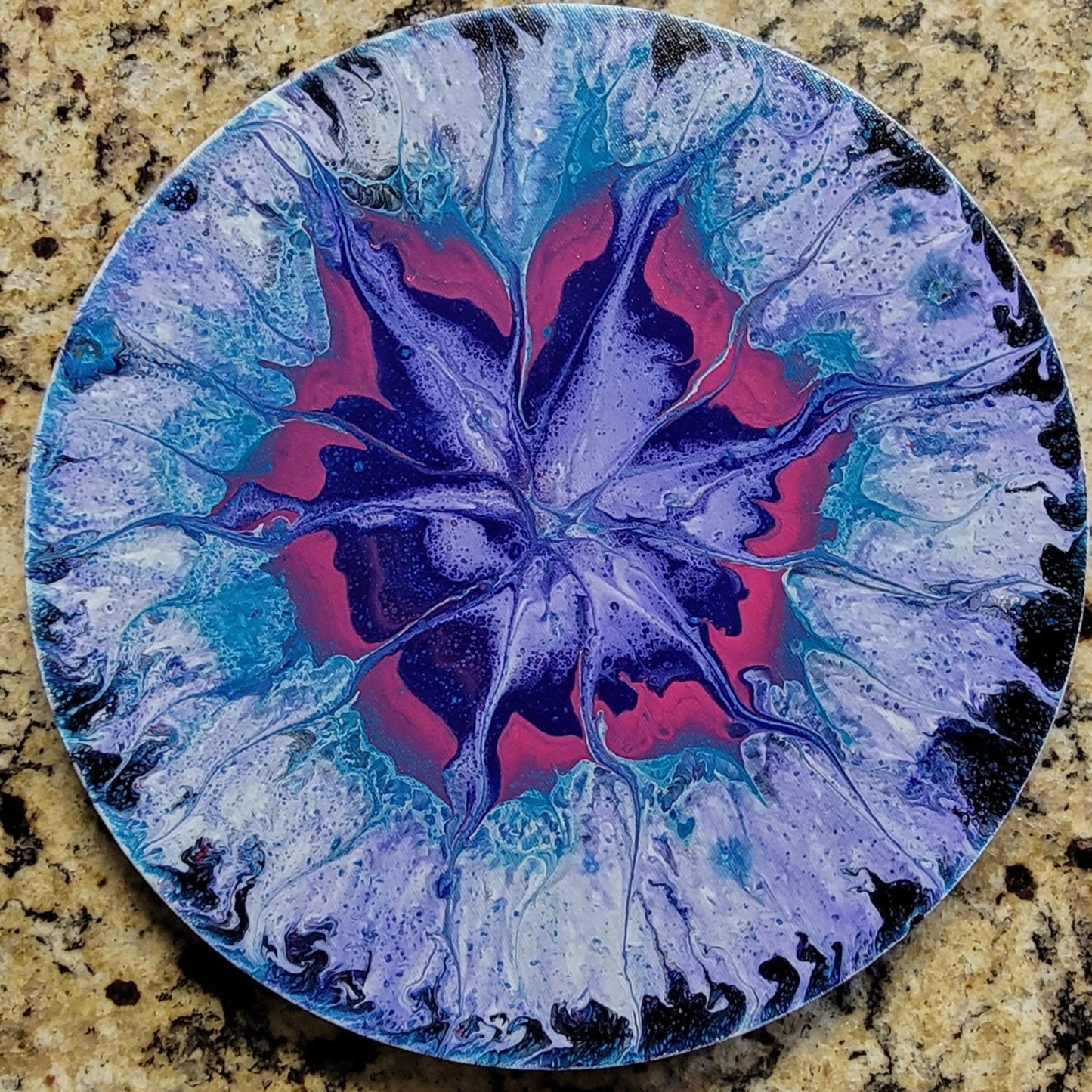 Original Round Fluid Art Painting “Blooming Wildflower” – 12" Acrylic Flip & Spin Pour on Canvas