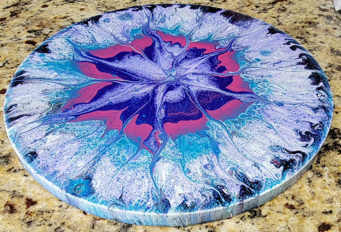 Original Round Fluid Art Painting “Blooming Wildflower” – 12" Acrylic Flip & Spin Pour on Canvas
