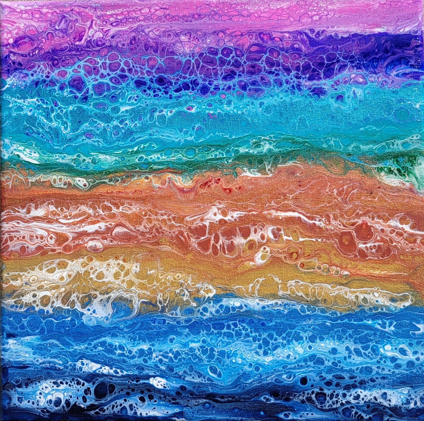 Vibrant 12x12" Abstract Acrylic Pour & Swipe Painting on Stretched Canvas – Rainbow Horizon