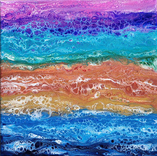 Vibrant 12x12" Abstract Acrylic Pour & Swipe Painting on Stretched Canvas – Rainbow Horizon