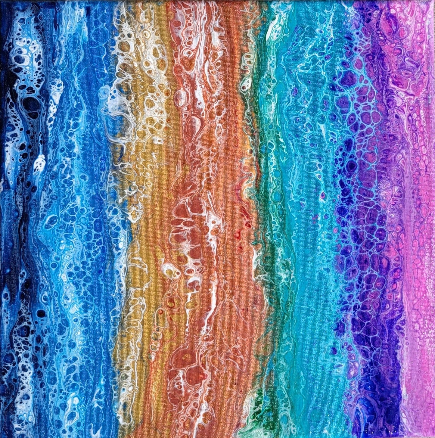 Vibrant 12x12" Abstract Acrylic Pour & Swipe Painting on Stretched Canvas – Rainbow Horizon