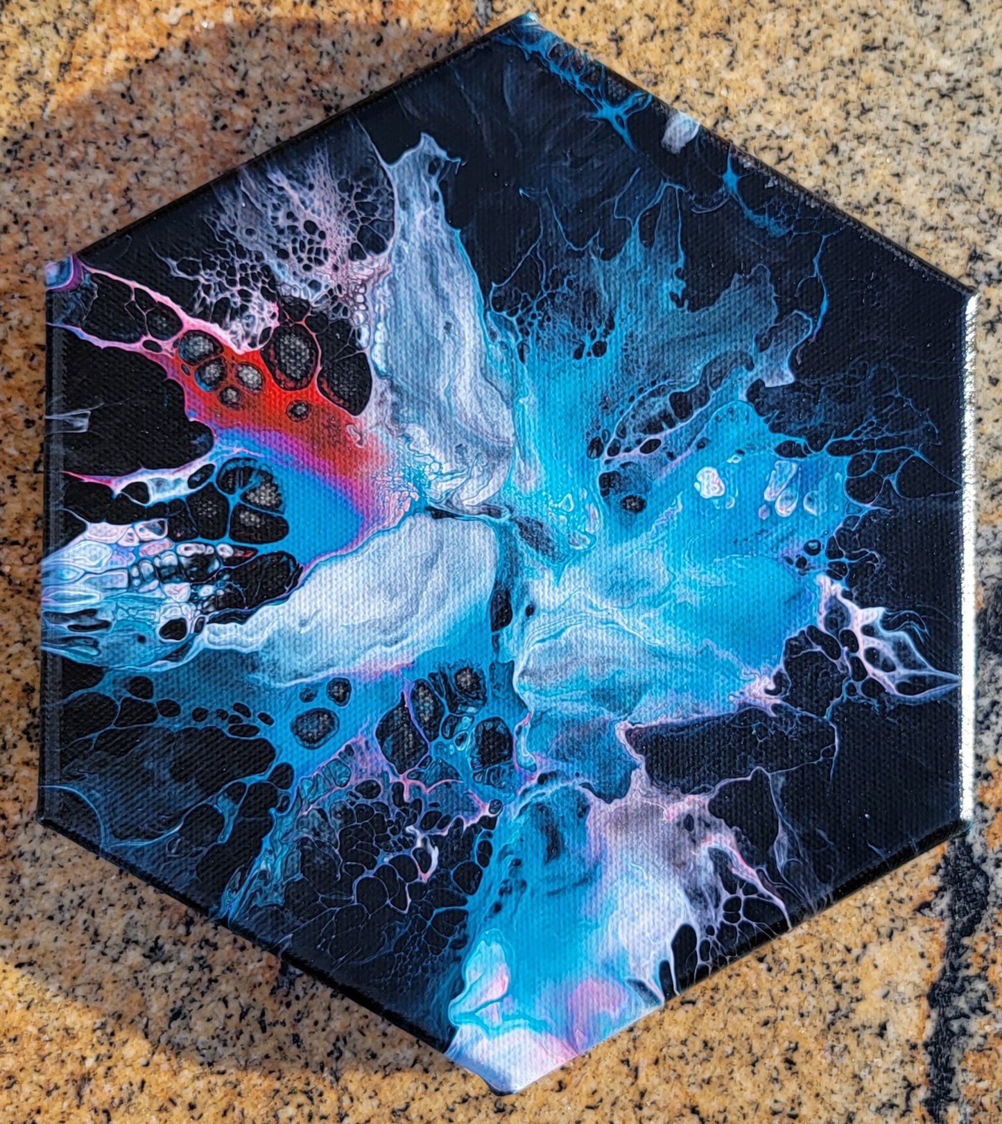 Poured Acrylic painting 8" Hexagon