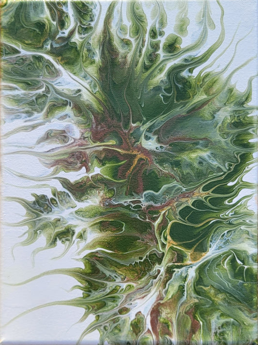 Cultivation 9x12" Dutch Pour Swipe Acrylic Painting – Organic Green Abstract Wall Art