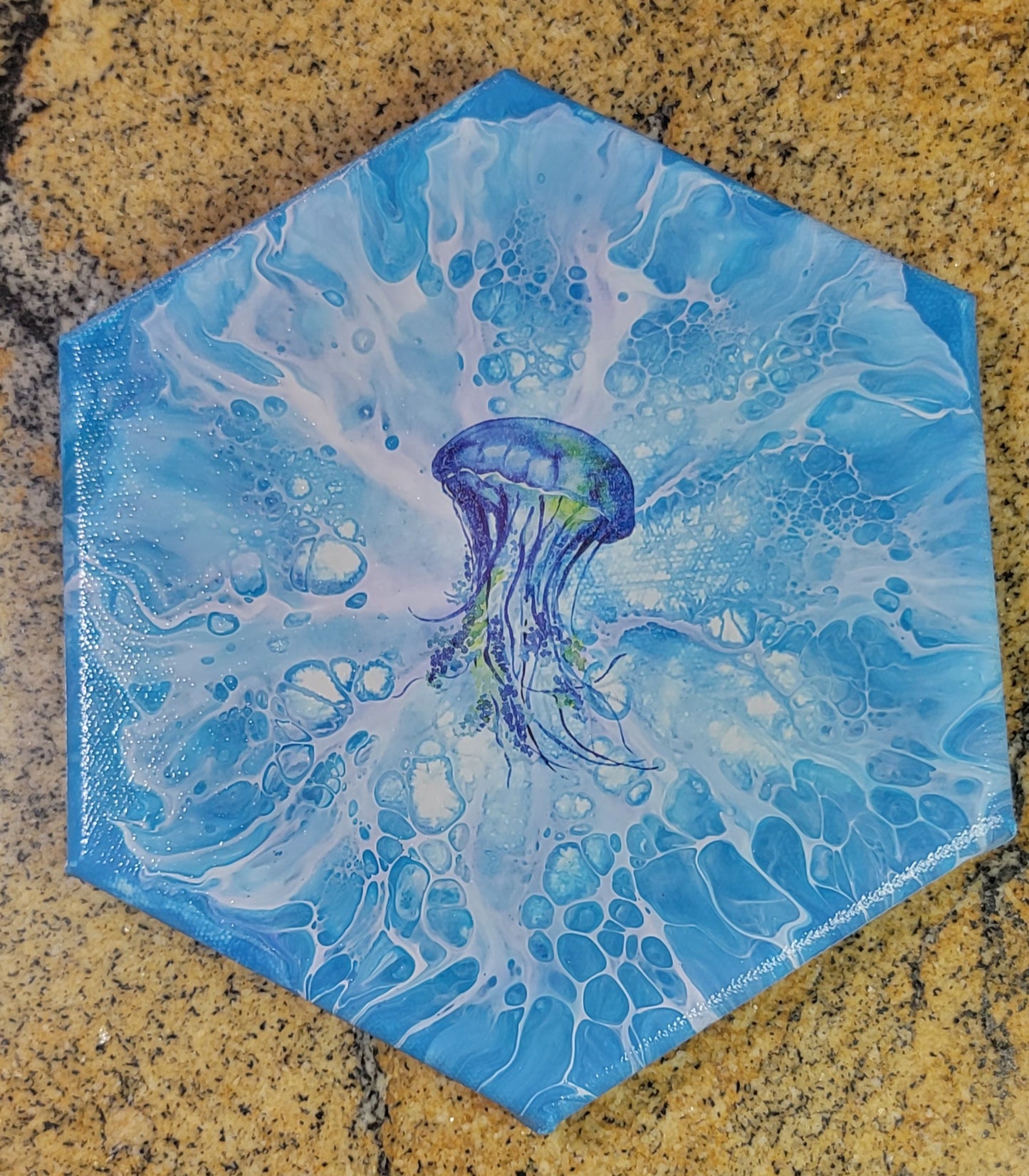 Jellyfish - Poured Acrylic painting 8" Hexagon
