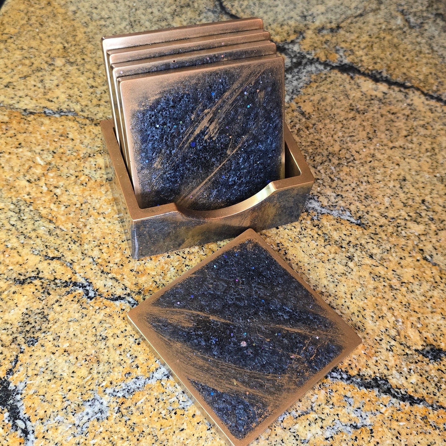 Handcrafted Resin Coasters Set with Holder – Rustic Copper Galaxy Sparkle