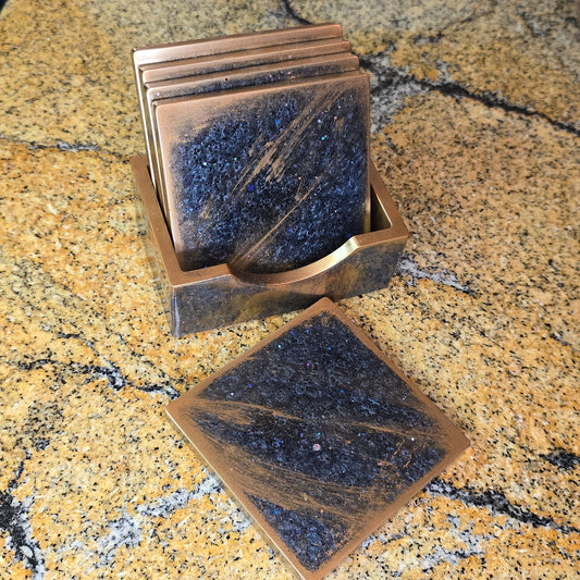 Handcrafted Resin Coasters Set with Holder – Rustic Copper Galaxy Sparkle
