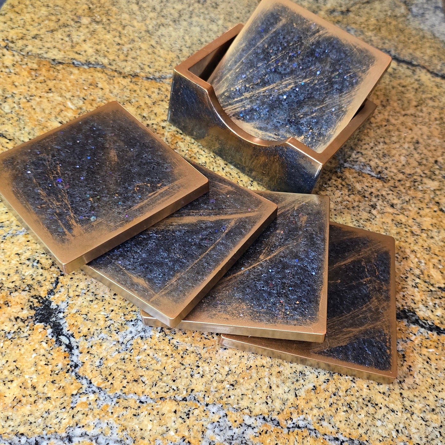 Handcrafted Resin Coasters Set with Holder – Rustic Copper Galaxy Sparkle