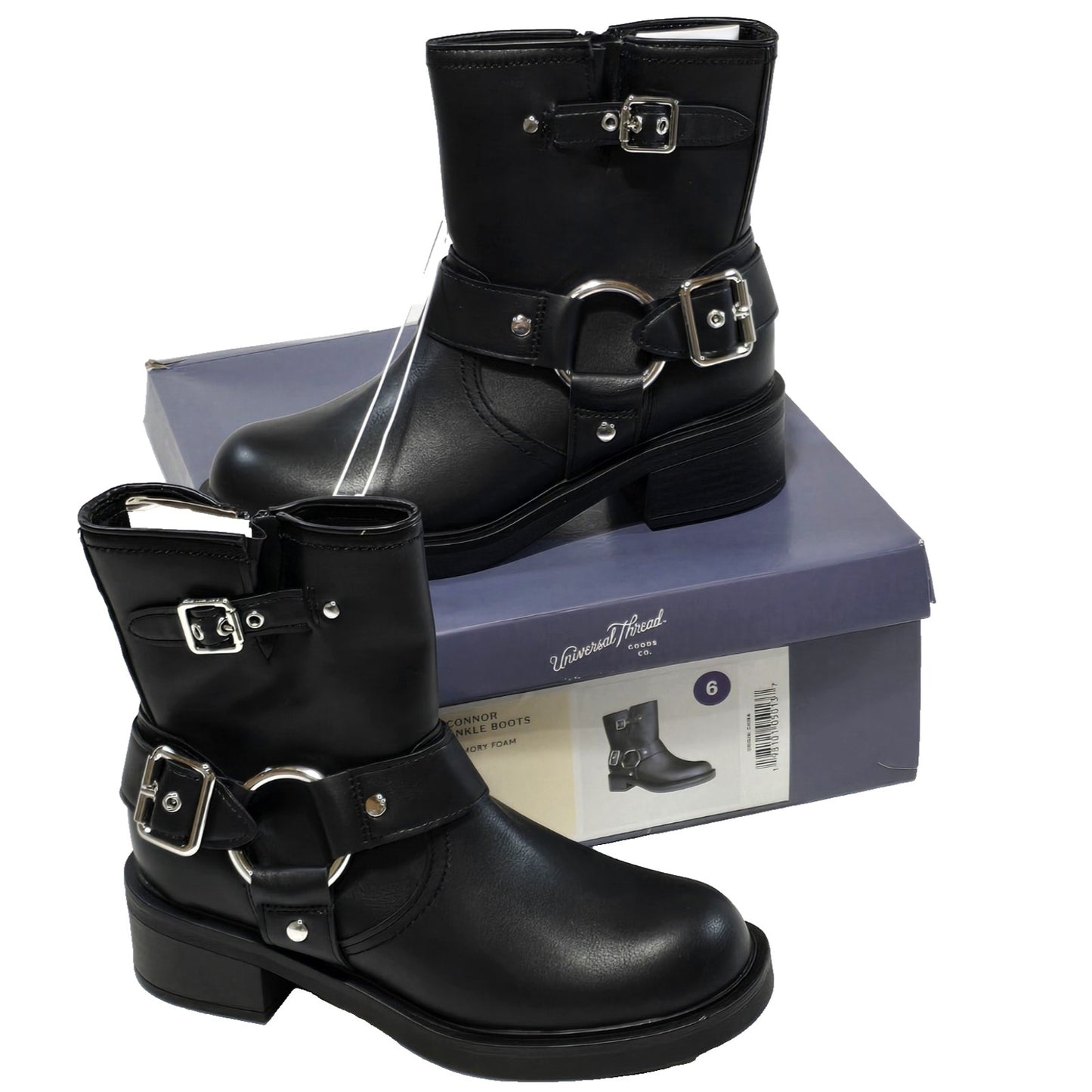 Universal Thread Connor Black Ankle Boots Size 6 Memory Foam Buckle Moto Boot