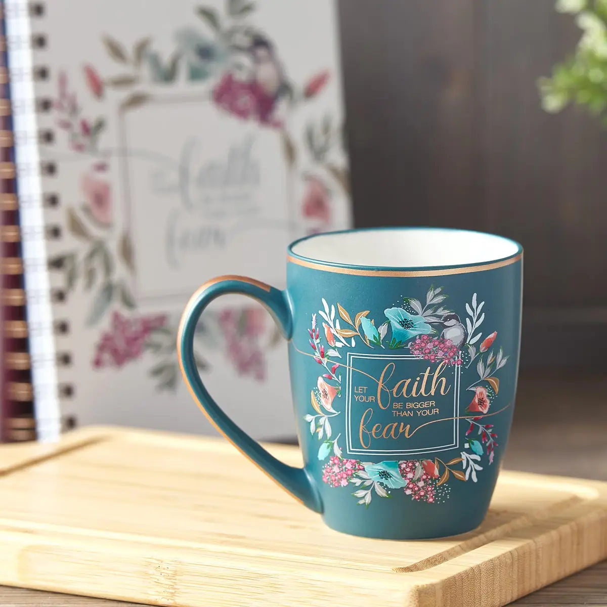 Ceramic Coffee Mug - Multi Floral Teal White Let Your Faith Be Bigger Than Your Fear