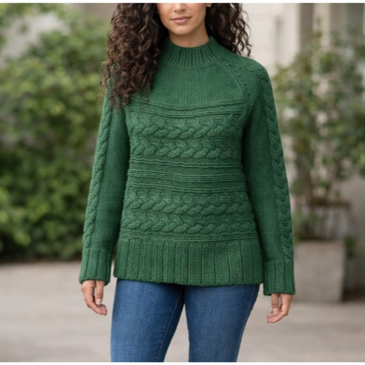 St. John’s Bay Women’s Cable Knit Sweater Mock Green Medium NWT Yosemite Pine