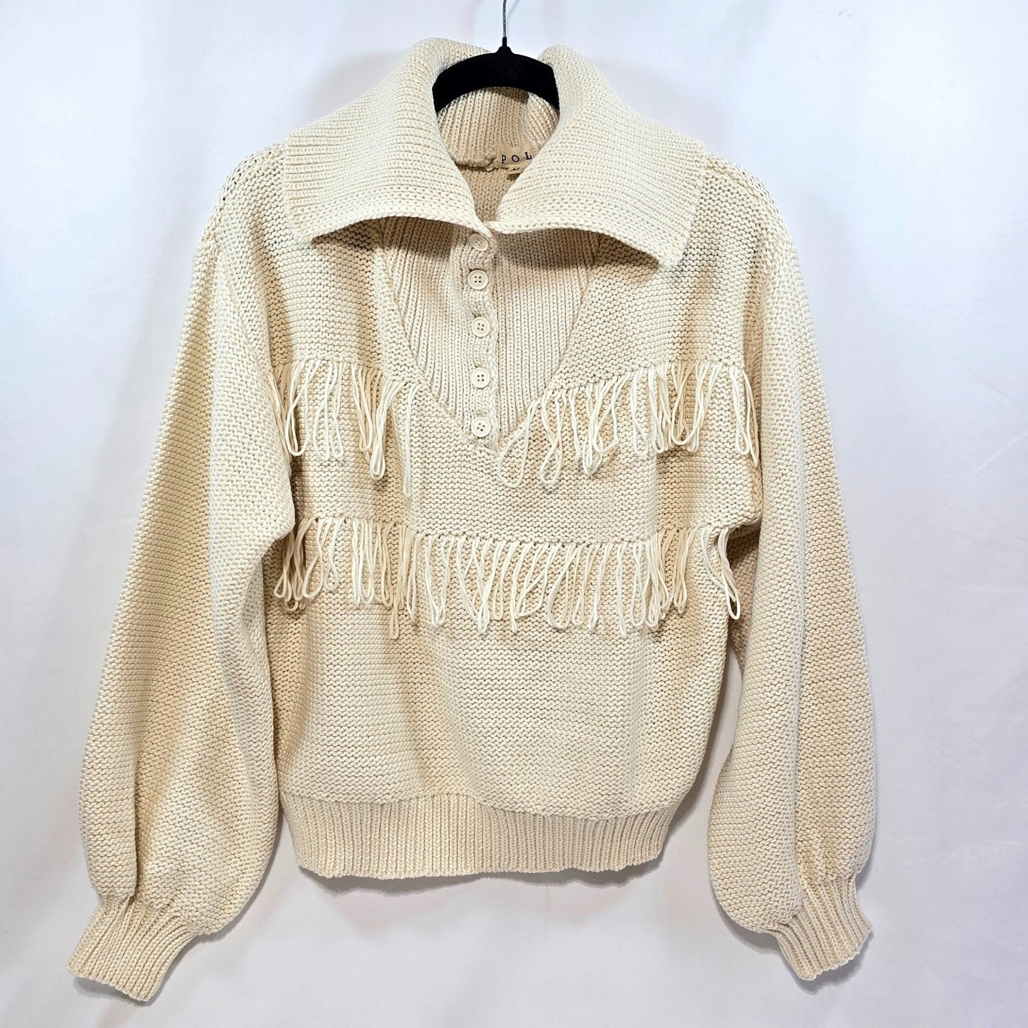 POL Cream Fringe Knit Henley Sweater Long Sleeve Cozy Pullover Medium