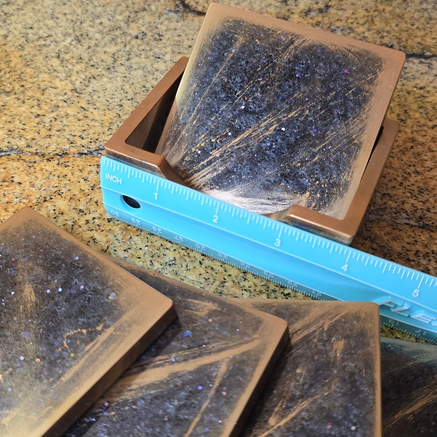Handcrafted Resin Coasters Set with Holder – Rustic Copper Galaxy Sparkle