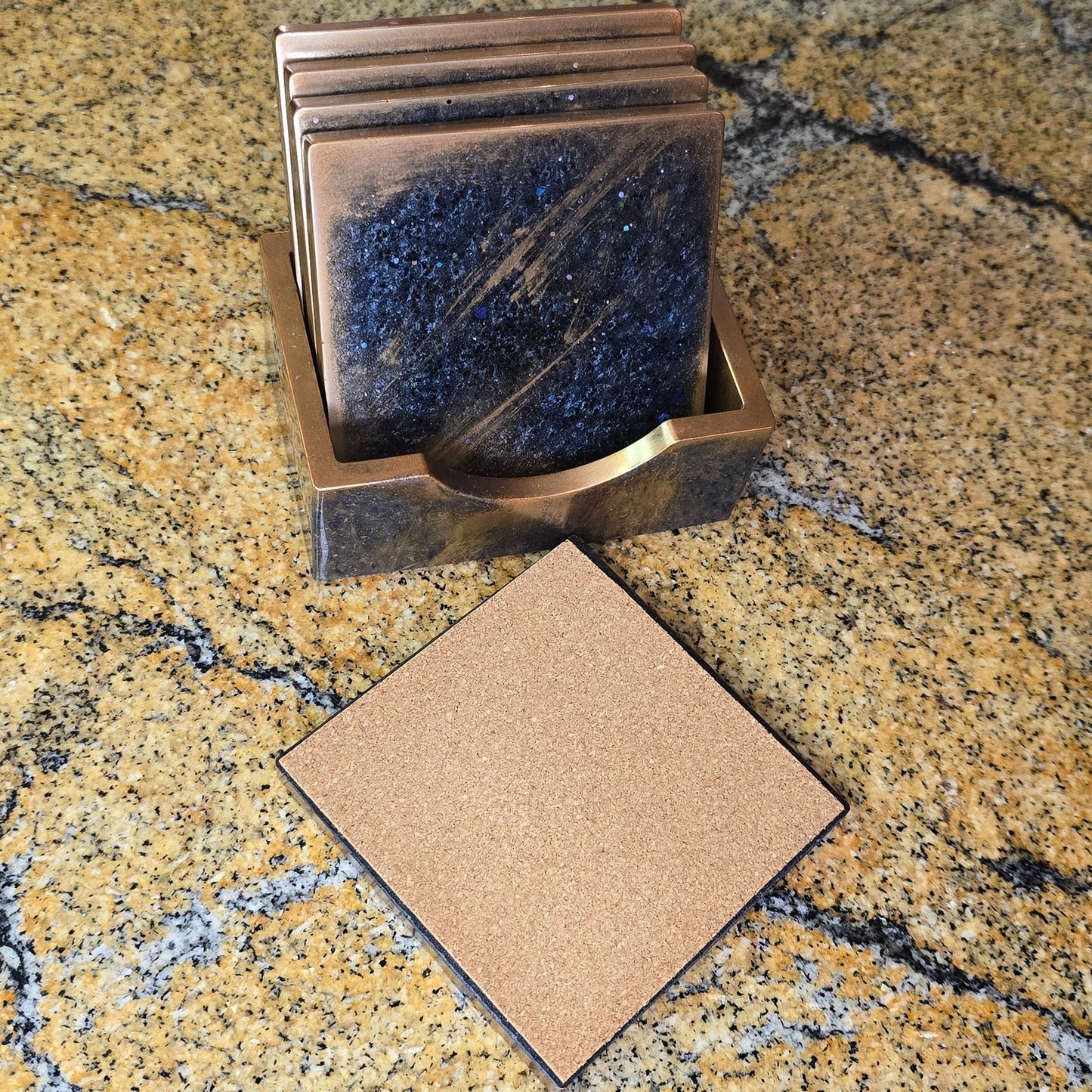 Handcrafted Resin Coasters Set with Holder – Rustic Copper Galaxy Sparkle