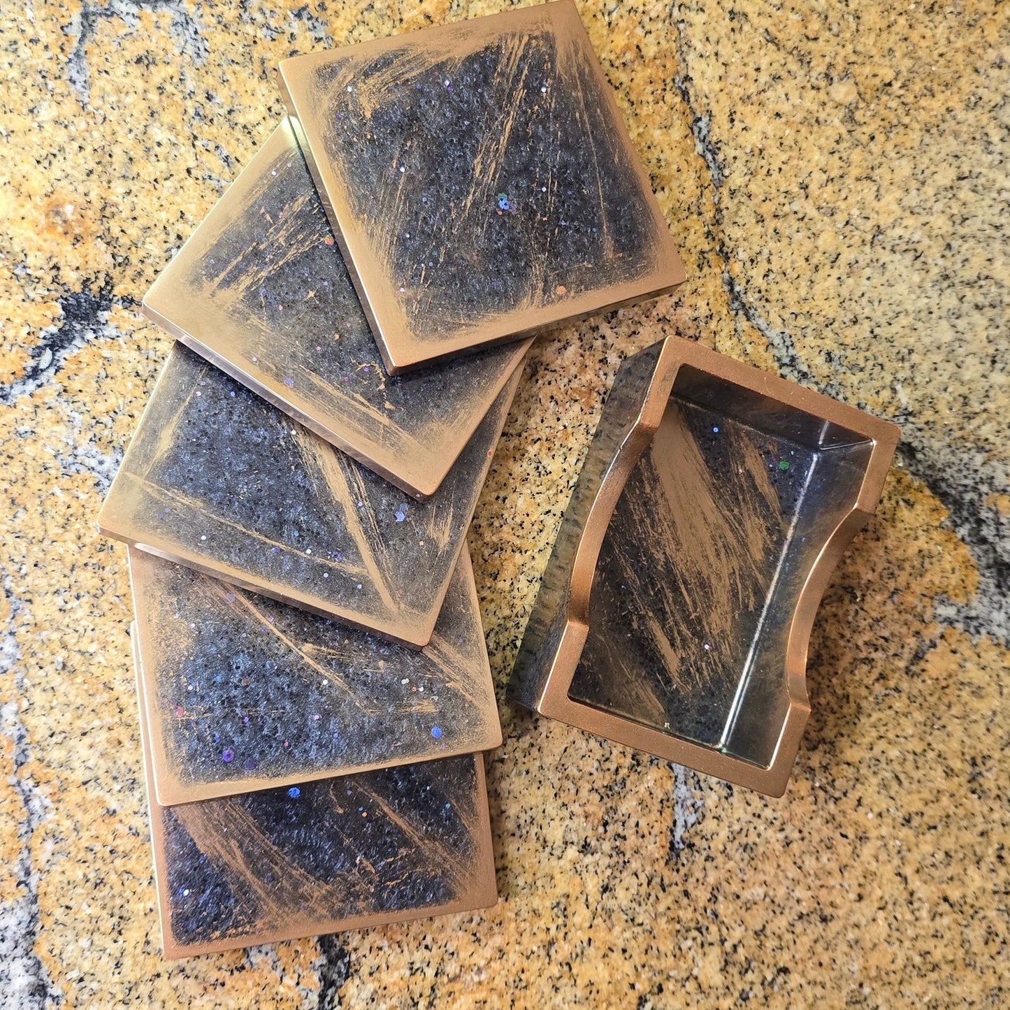Handcrafted Resin Coasters Set with Holder – Rustic Copper Galaxy Sparkle