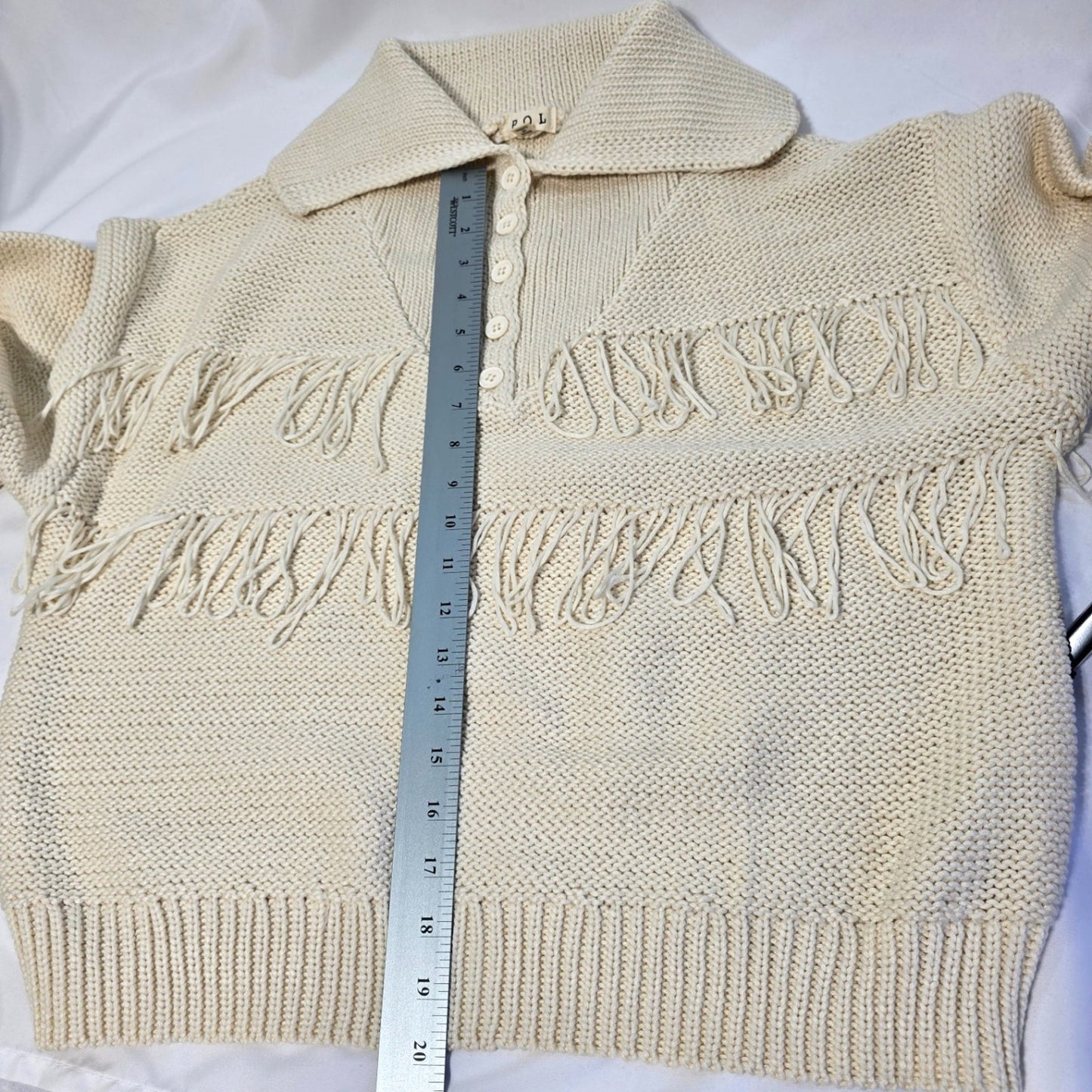 POL Cream Fringe Knit Henley Sweater Long Sleeve Cozy Pullover Medium