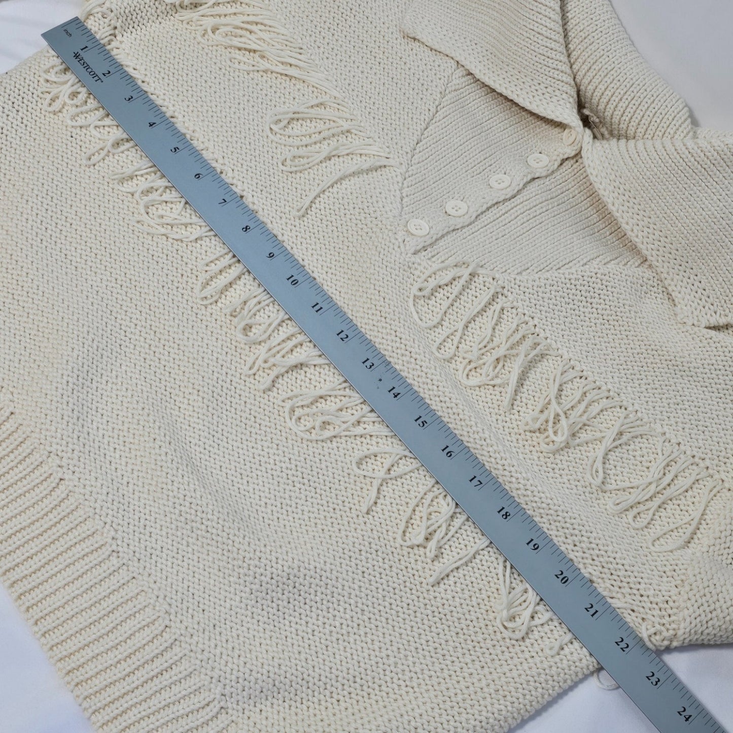 POL Cream Fringe Knit Henley Sweater Long Sleeve Cozy Pullover Medium