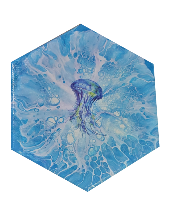 Jellyfish - Poured Acrylic painting 8" Hexagon