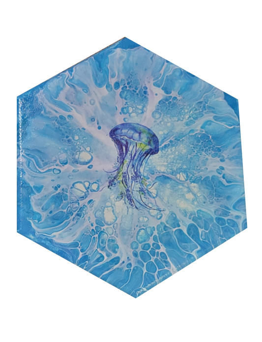 Jellyfish - Poured Acrylic painting 8" Hexagon