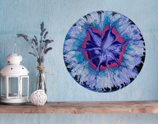 Original Round Fluid Art Painting “Blooming Wildflower” – 12" Acrylic Flip & Spin Pour on Canvas