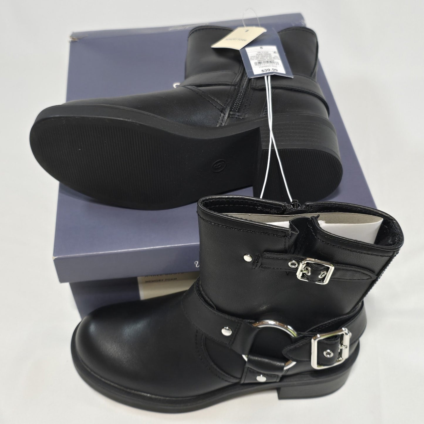 Universal Thread Connor Black Ankle Boots Size 6 Memory Foam Buckle Moto Boot