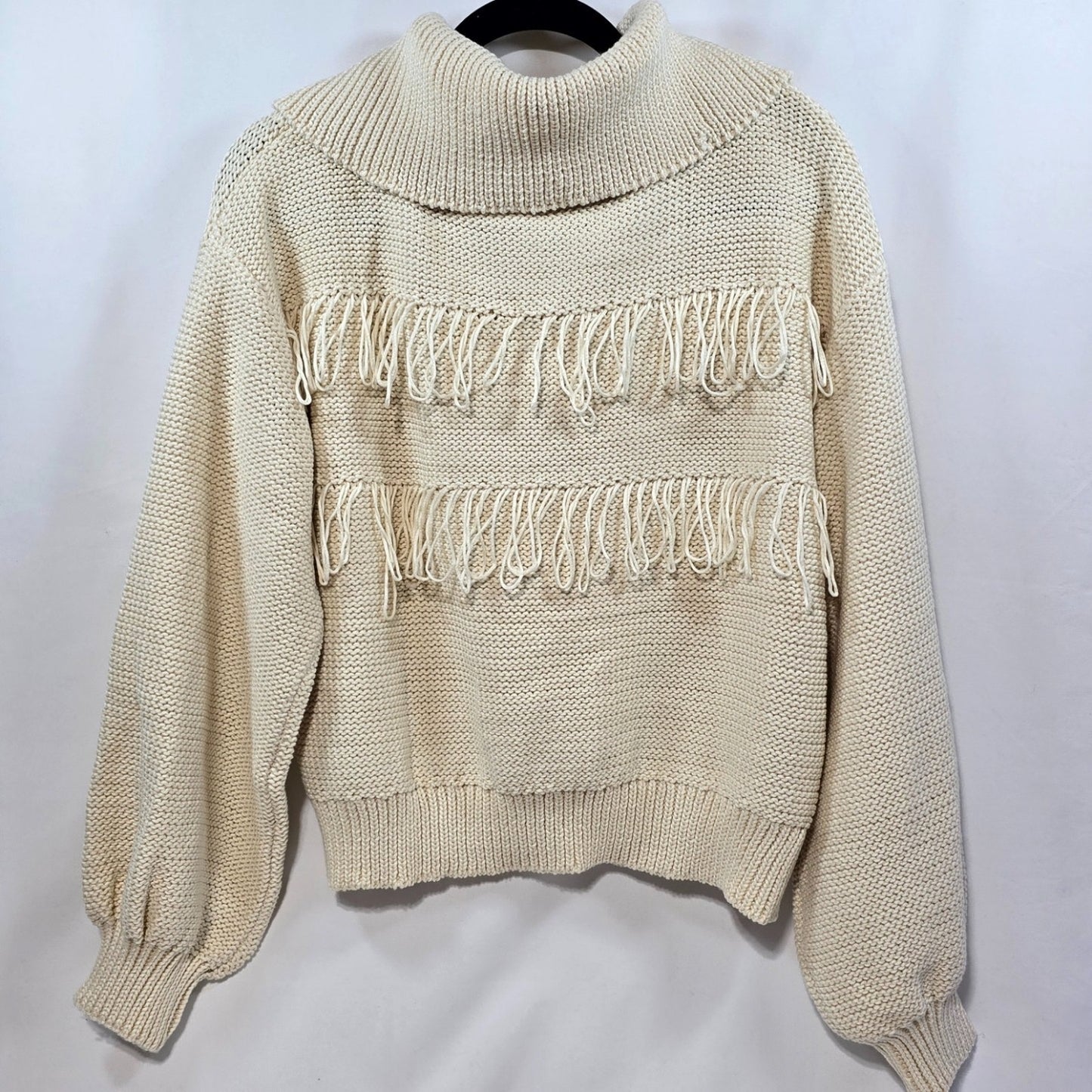 POL Cream Fringe Knit Henley Sweater Long Sleeve Cozy Pullover Medium