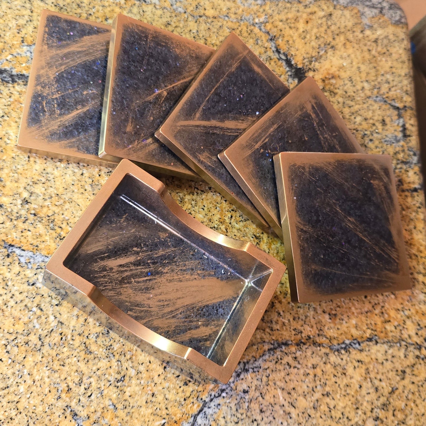 Handcrafted Resin Coasters Set with Holder – Rustic Copper Galaxy Sparkle