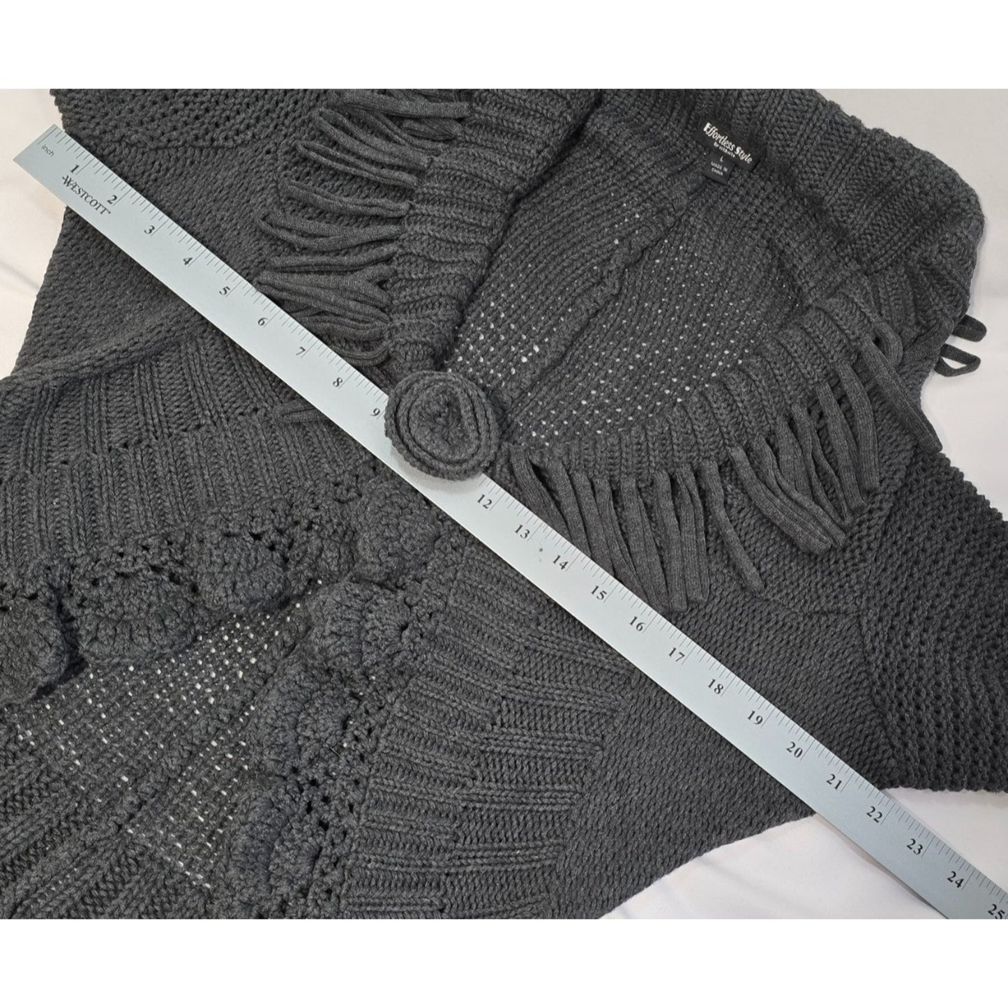 Effortless Style Knit Cardigan Women’s Large Gray Fringe Open Front Sweater