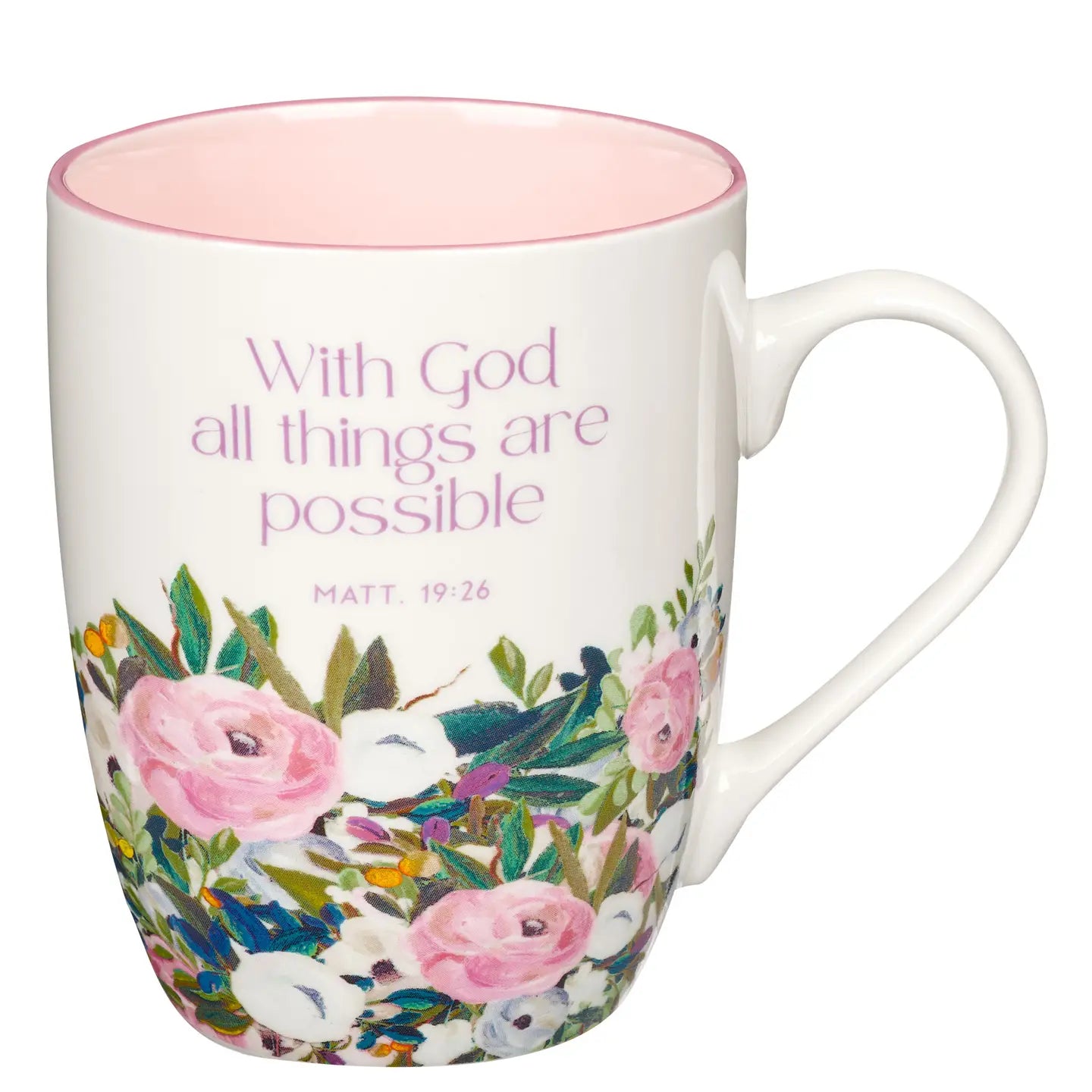 Ceramic Coffee Mug - Multi Floral Purple With God Matt. 19:26