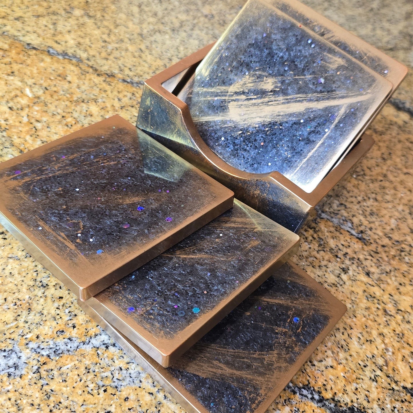 Handcrafted Resin Coasters Set with Holder – Rustic Copper Galaxy Sparkle