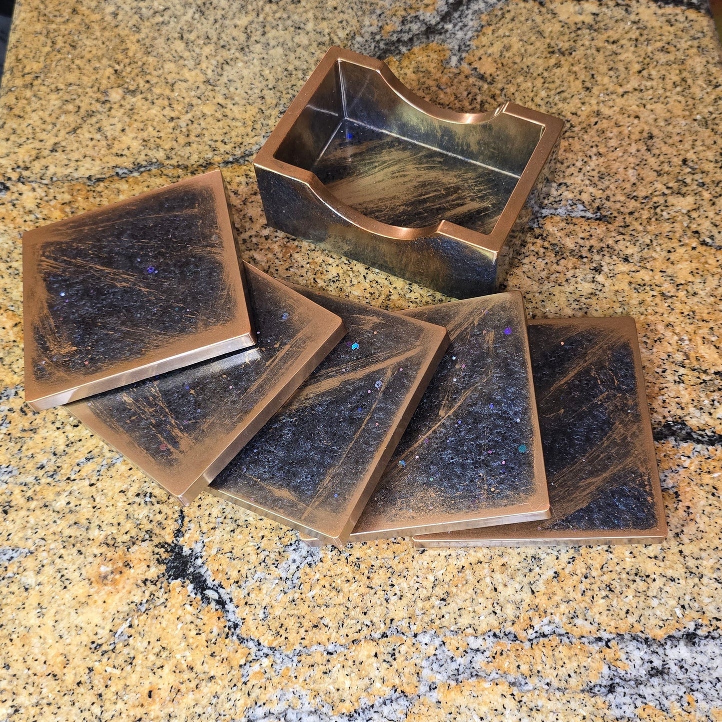 Handcrafted Resin Coasters Set with Holder – Rustic Copper Galaxy Sparkle
