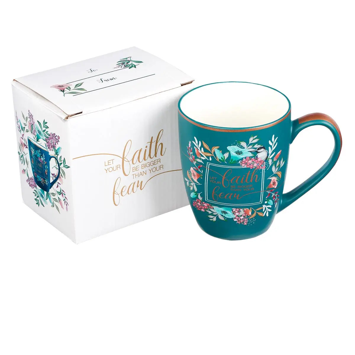 Ceramic Coffee Mug - Multi Floral Teal White Let Your Faith Be Bigger Than Your Fear