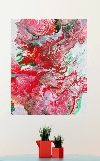 Red Raspberry Splash Poured Acrylic painting 8"x10"
